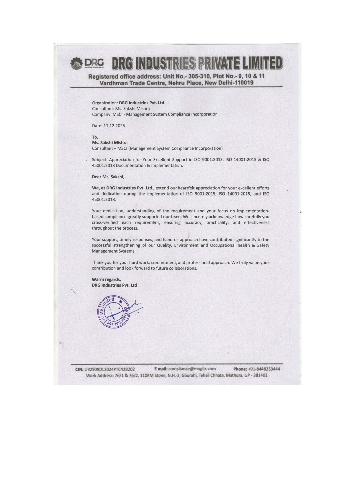 Appreciation letter from DRG.