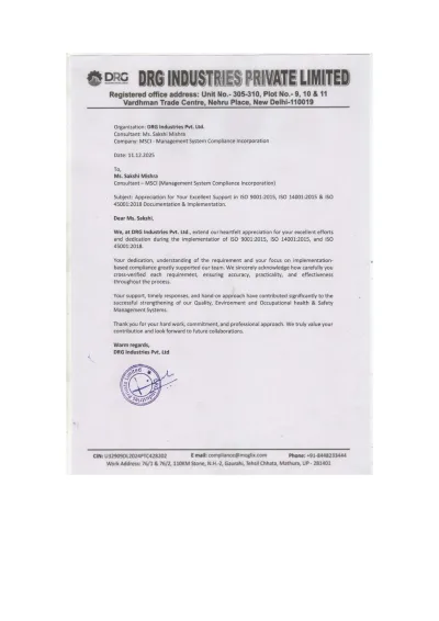 Appreciation letter from DRG.