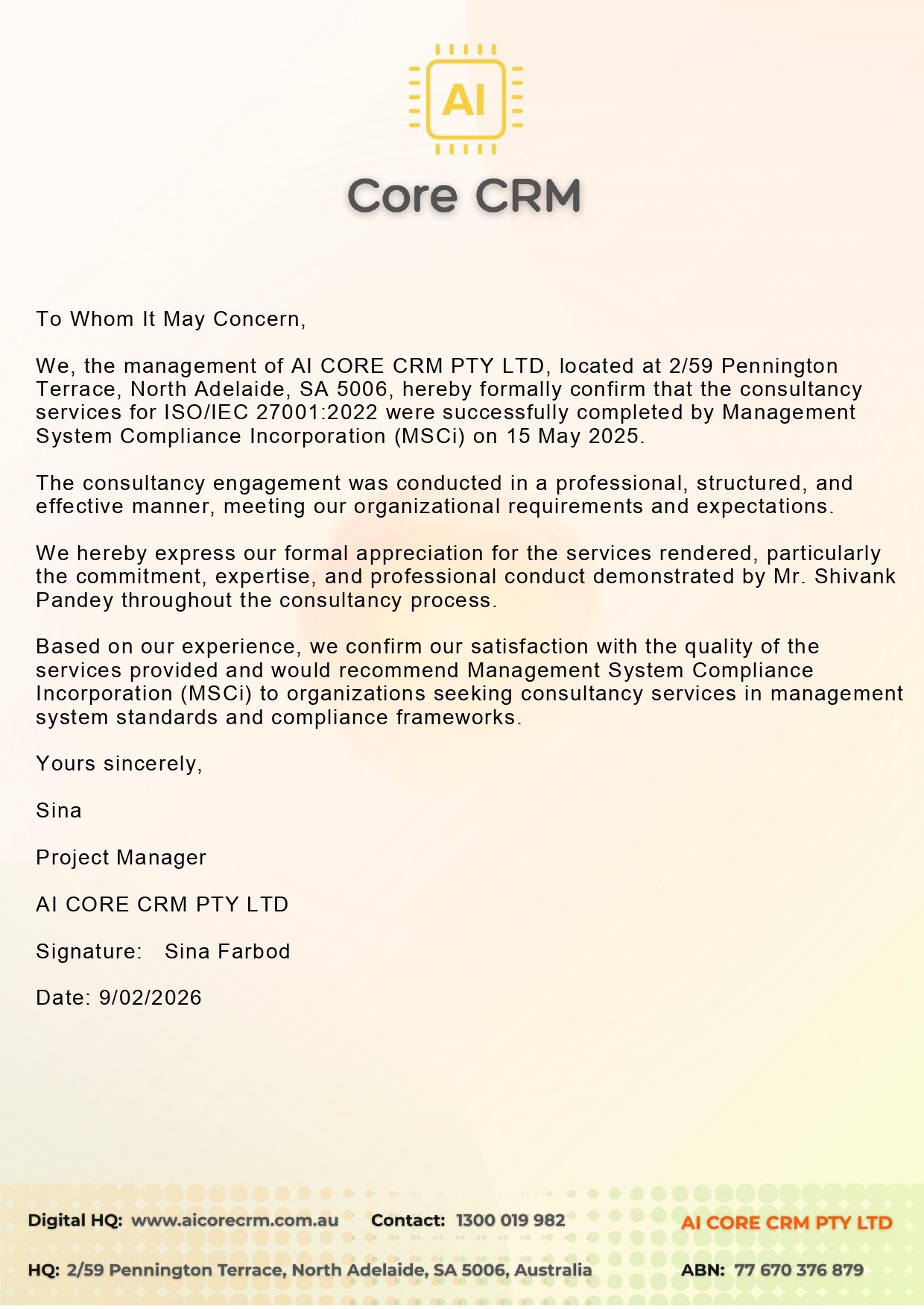 Appreciation letter from Effica.