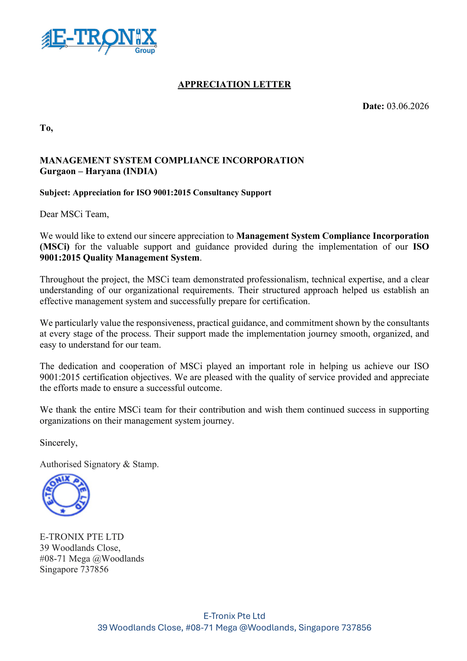 Appreciation letter from E-Tronix Pte Ltd.