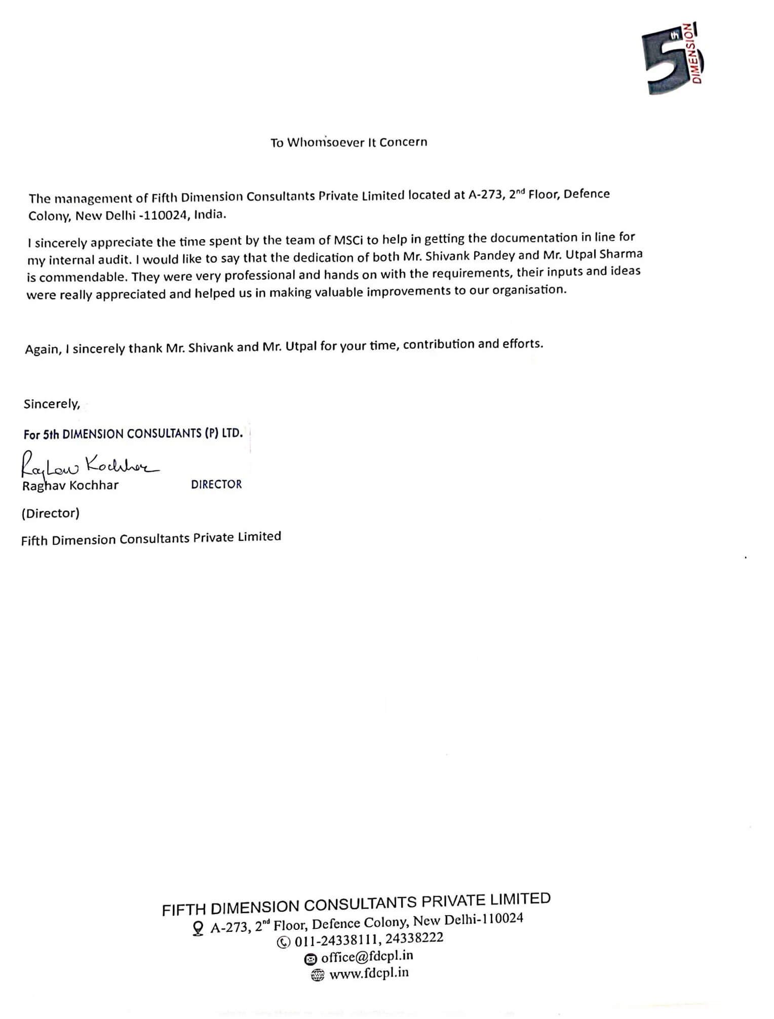 Appreciation letter from 5th Dimension.