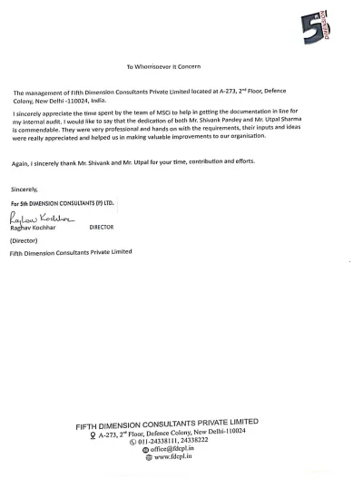 Appreciation letter from 5th Dimension.