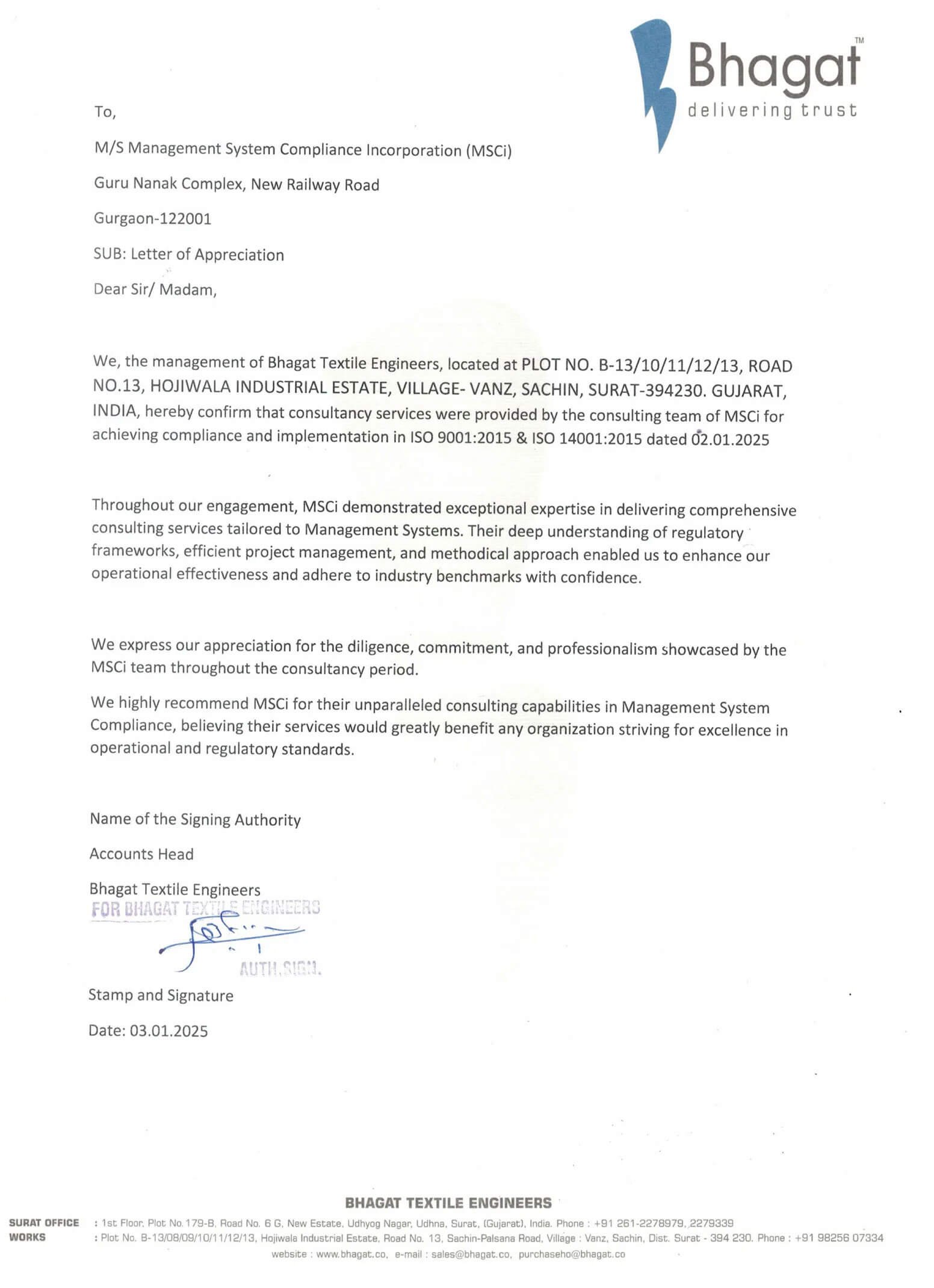 Appreciation letter from Bhagat Textile.