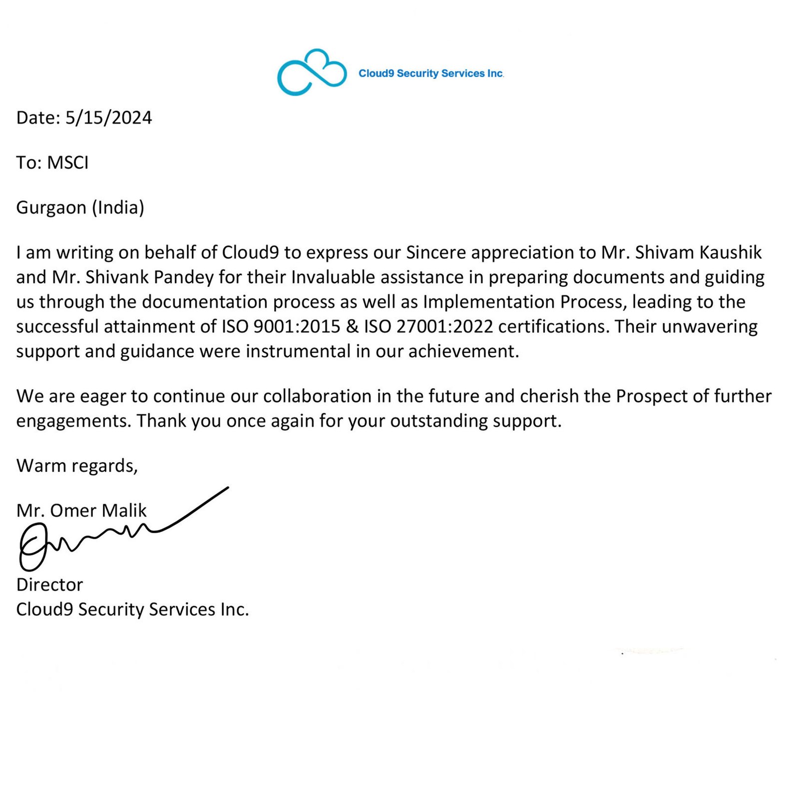 Appreciation letter from Cloud9.