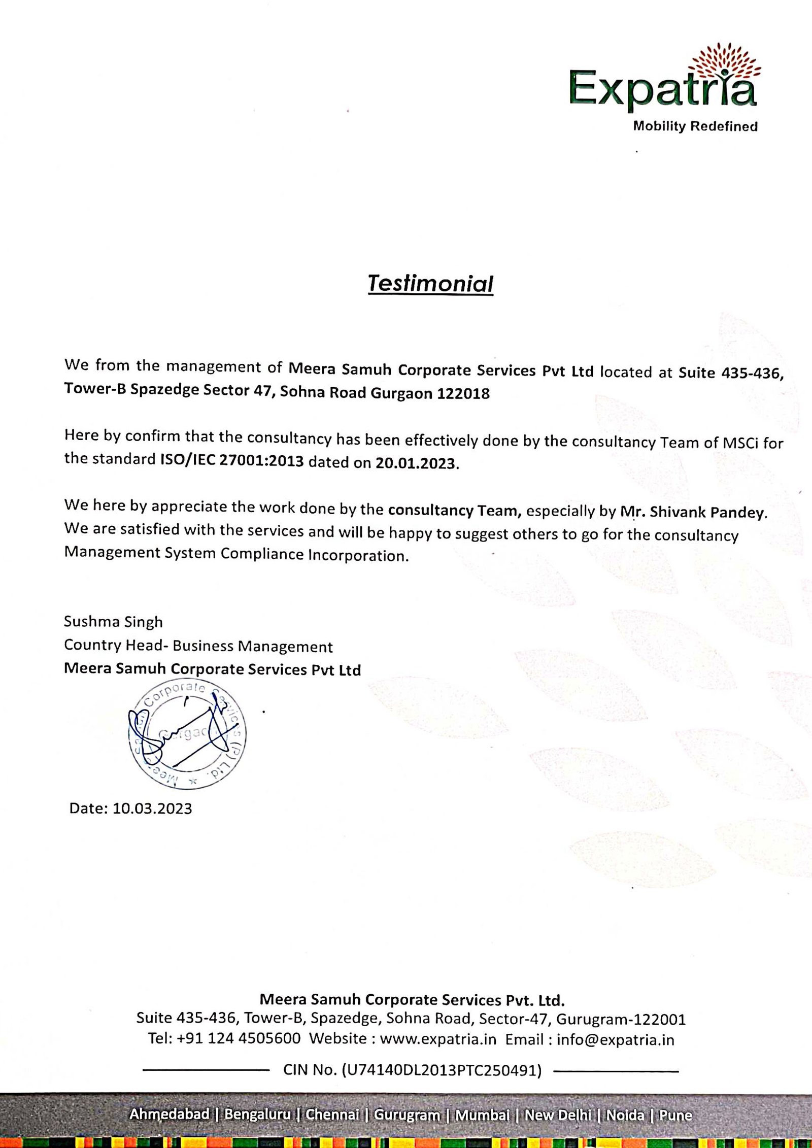 Appreciation letter from Expertia.