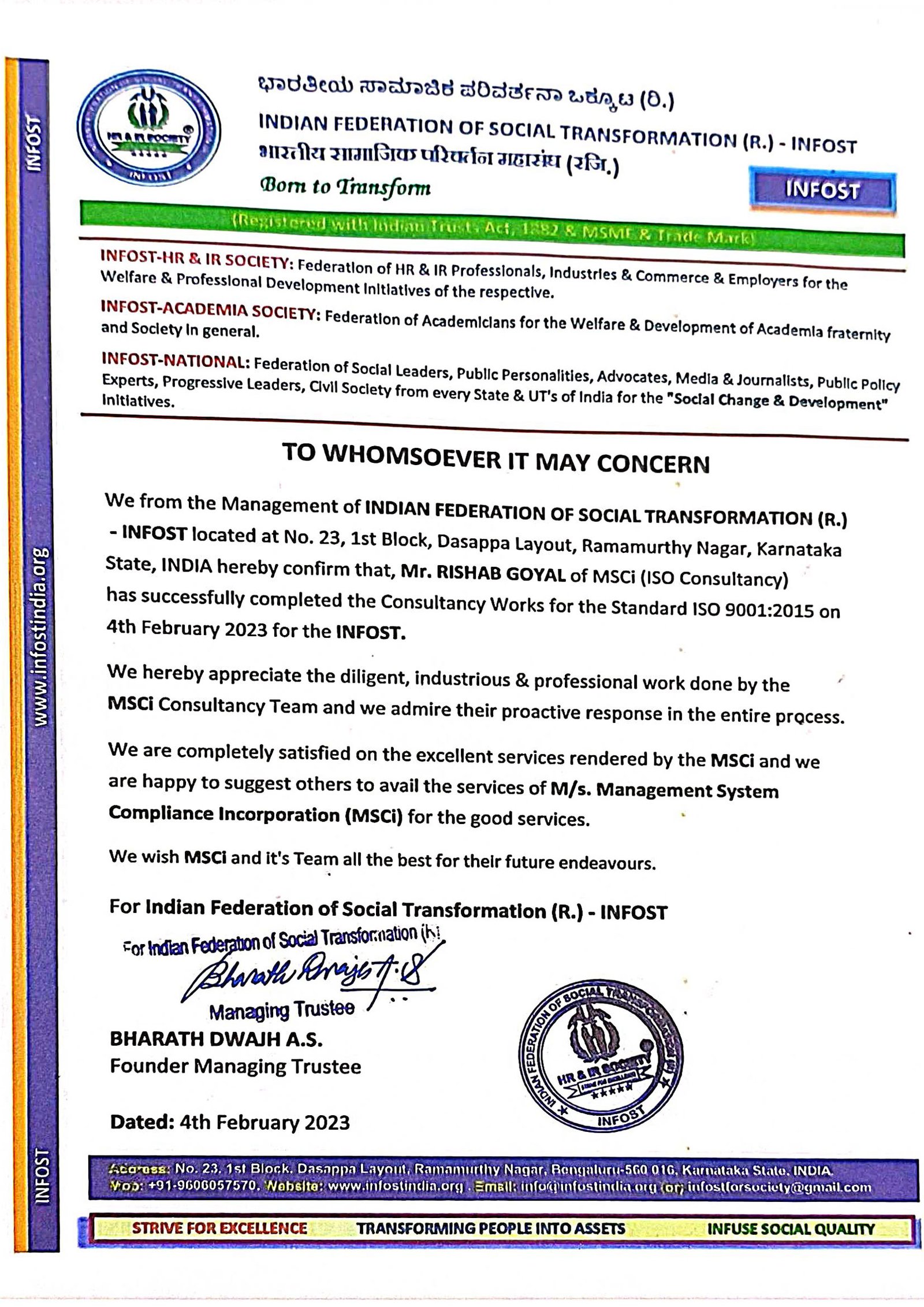 Appreciation letter from INFOST.