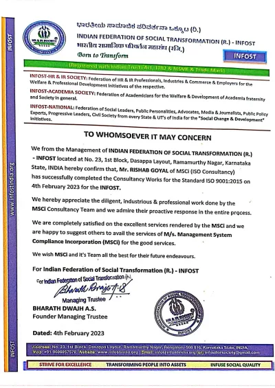 Appreciation letter from INFOST.