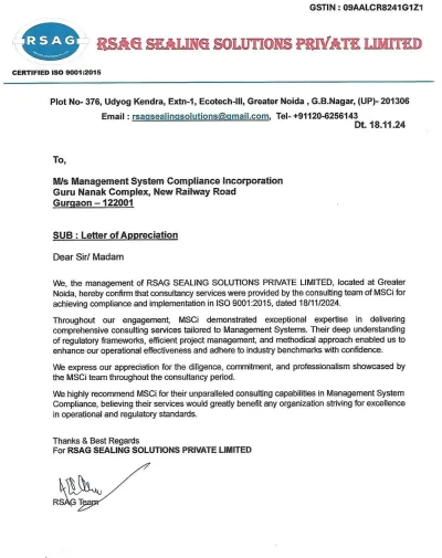 Appreciation letter from RSAG Sealing and Solutions Private Limited.
