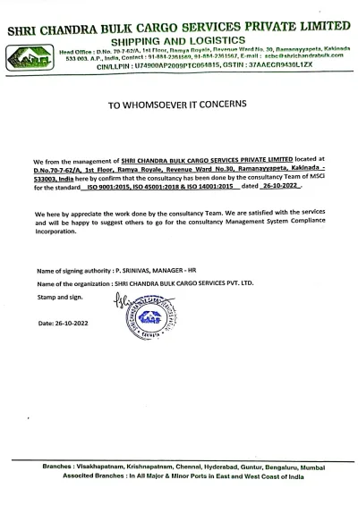 Appreciation letter from Shri Chandra Bulk Cargo.