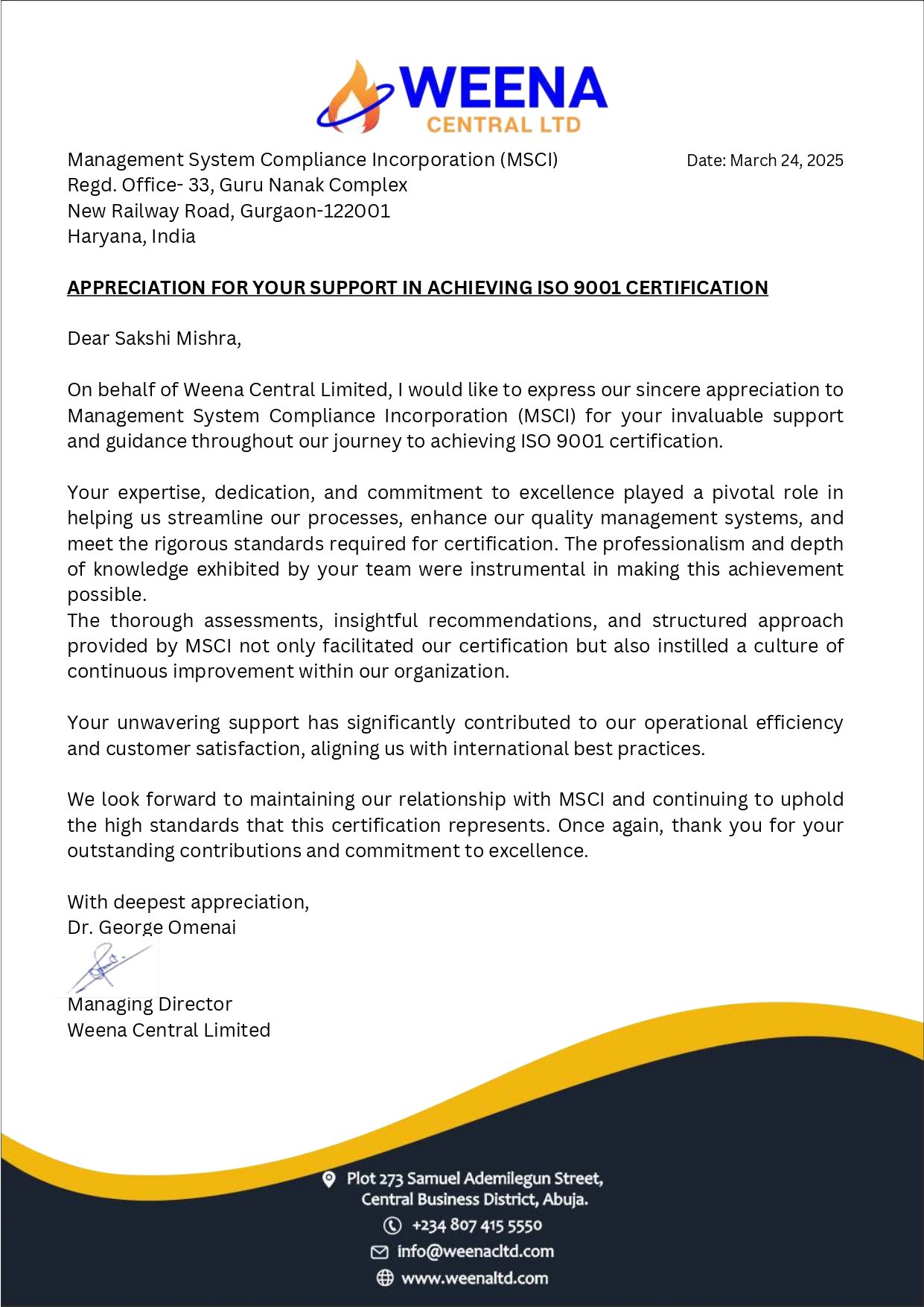Appreciation letter from Weena Central Limited.