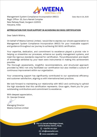 Appreciation letter from Weena Central Limited.