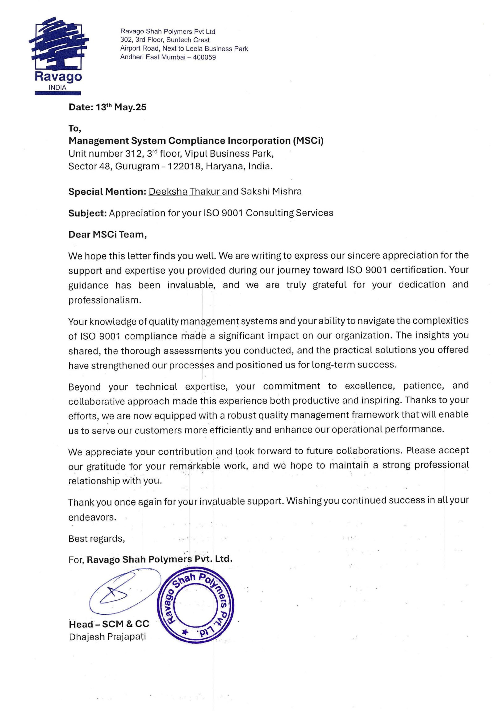 Appreciation letter from Ravago.