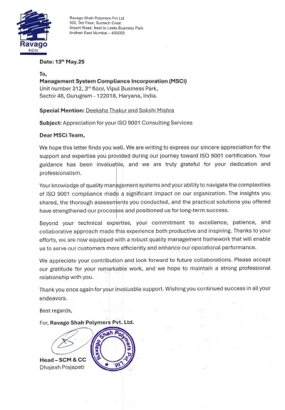 Appreciation letter from Ravago.