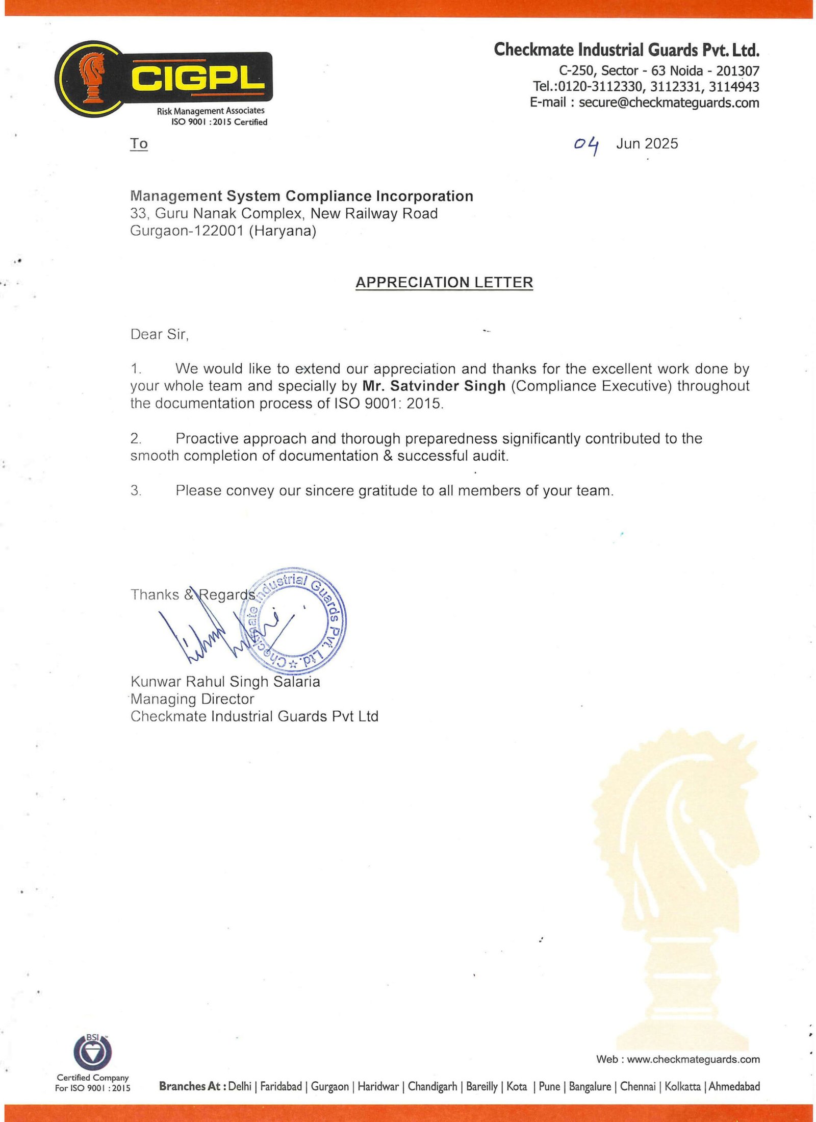 Appreciation letter from Chekmate.