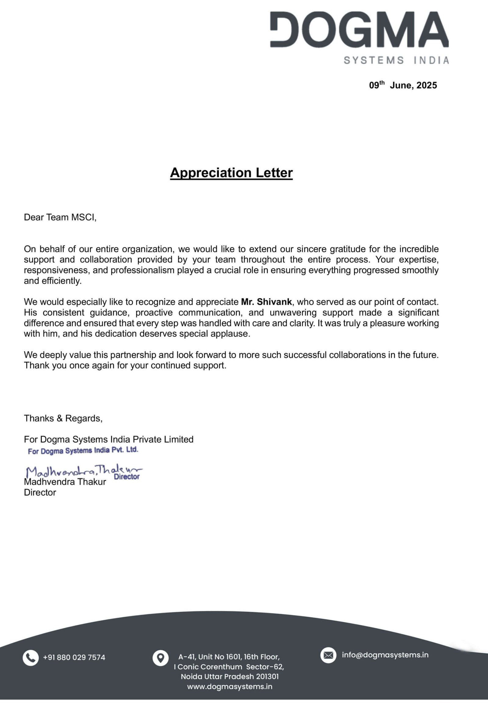 Appreciation letter from Dogma India.