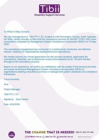 Appreciation letter from Tibii.