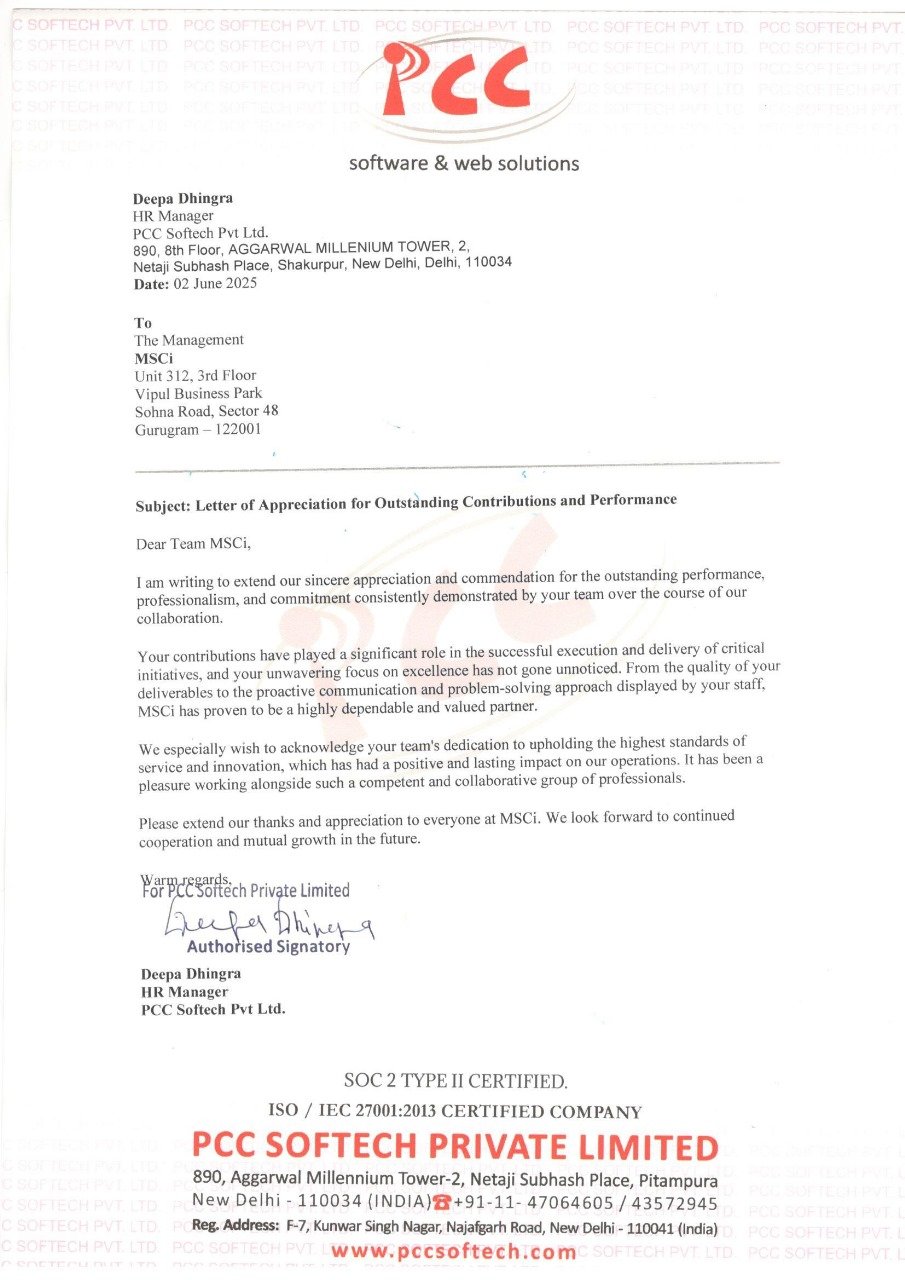 Appreciation letter from PCC Softech.