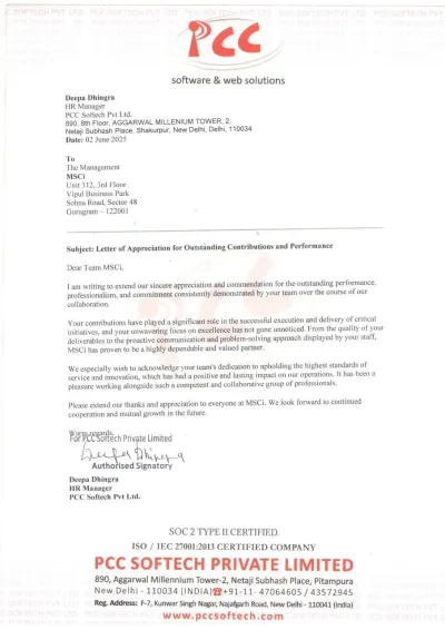 Appreciation letter from PCC Softech.