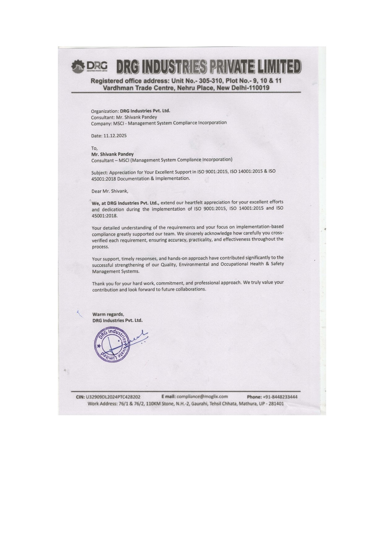 Appreciation letter from DRG.