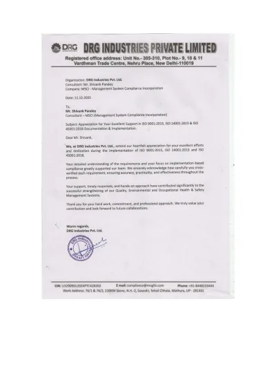 Appreciation letter from DRG.