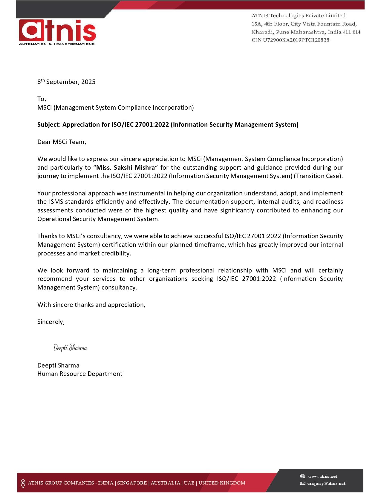 Appreciation letter from ATNIS.