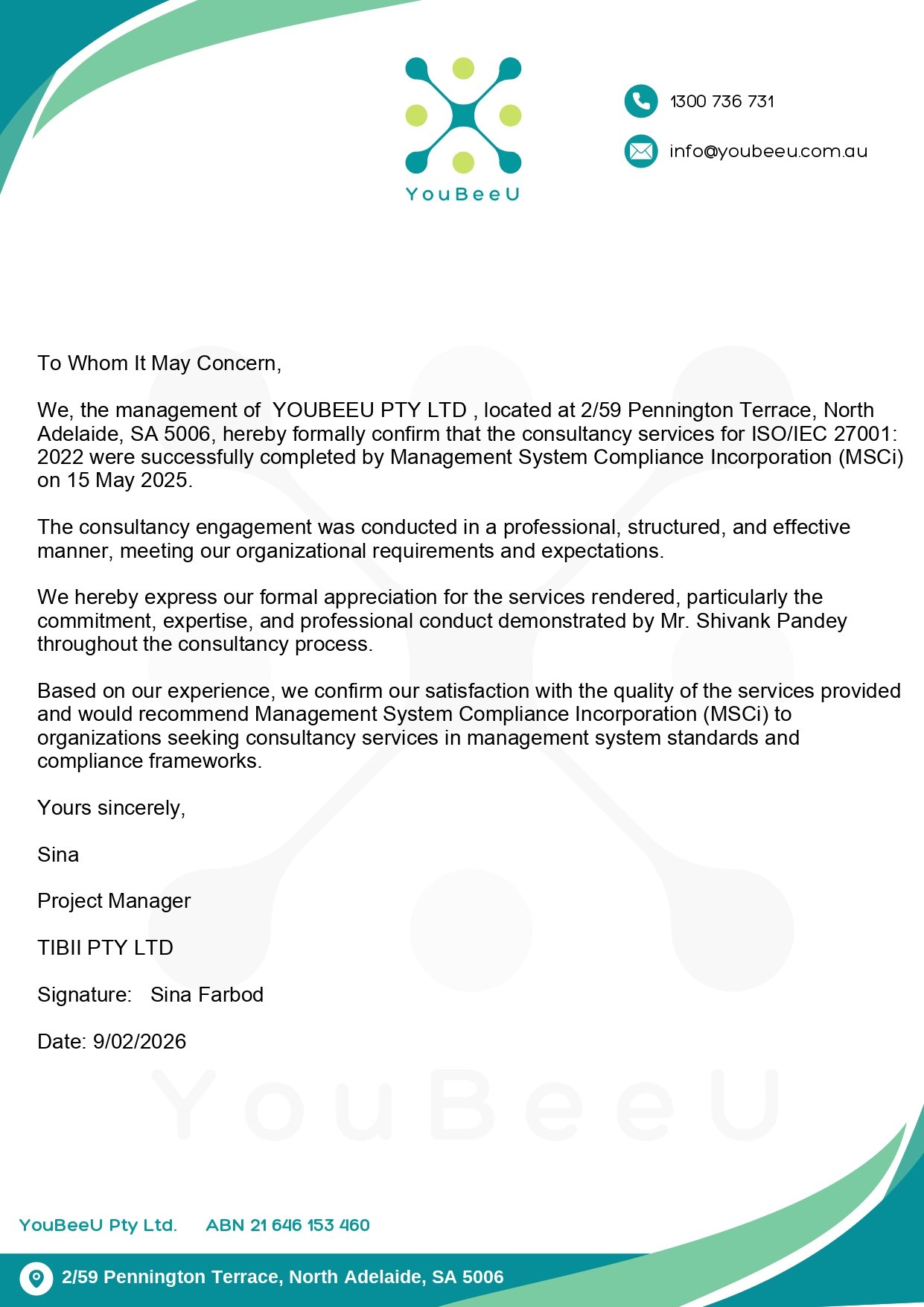 Appreciation letter from Youbeeu.